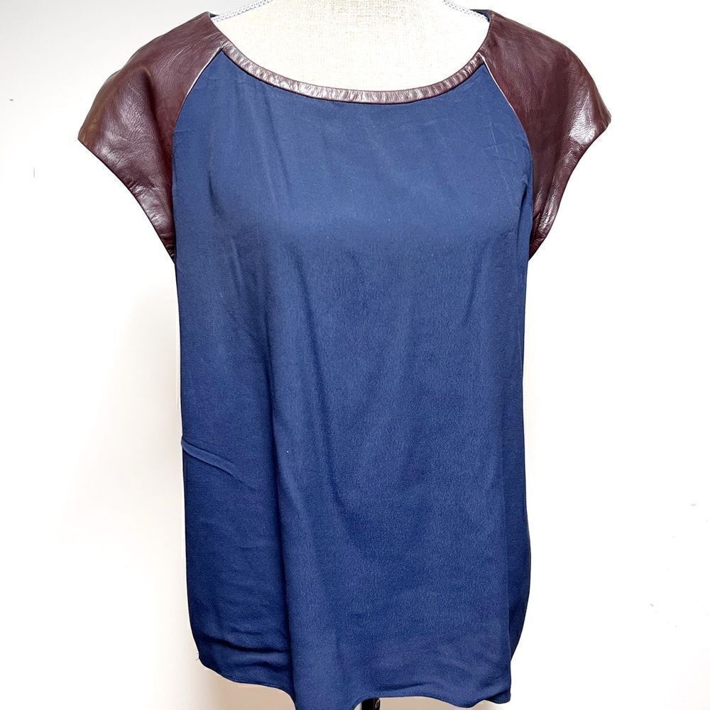Diane von Furstenberg Valentine Navy Leather-Shoulder Top Womens Sz L